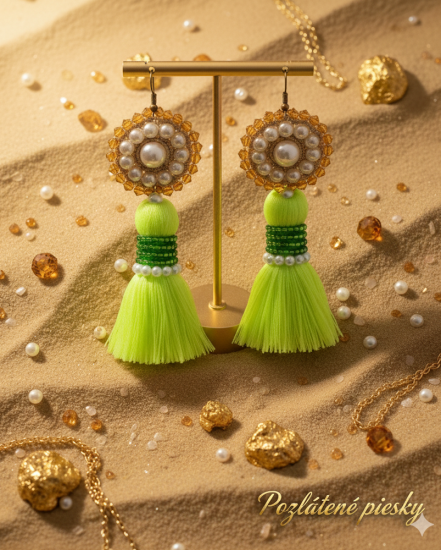 Háčkované  dizajnové náušnice "Pozlátené piesky"